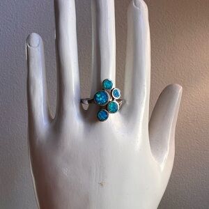 Blue Fire Opal Cluster Stones in Sterling Silver Ring, size 8